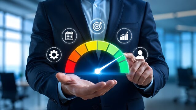 Businessman displaying glowing digital performance meter pointing to green optimal zone with business icons