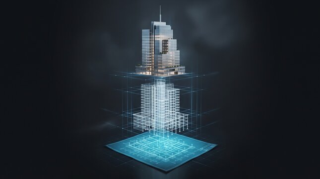 Conceptual 3D exploded view of a skyscraper separating into glowing architectural blueprint, wireframe mesh, and fully rendered building layers for structural engineering concept