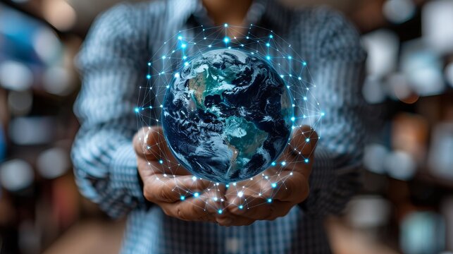 Embracing global connectivity  a figure holds a radiant globe surrounded by interconnected lines