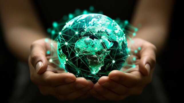 Embracing global connectivity  a person holds a radiant globe surrounded by interconnected lines