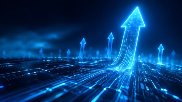 Glowing digital arrows rising upwards from circuit board representing technological growth and financial success