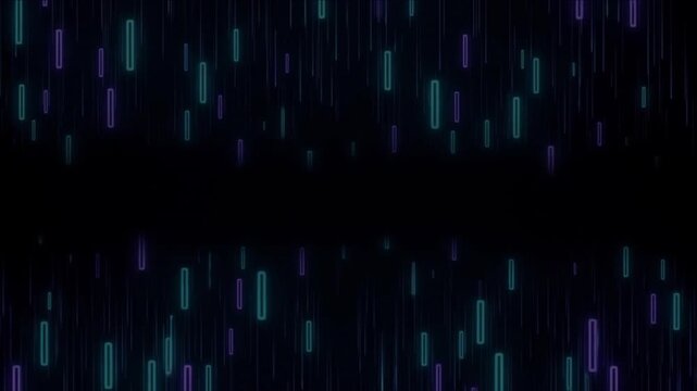 漆黒の暗黒空間を下降するシアンと紫のスリットアイコンの抽象CG動画