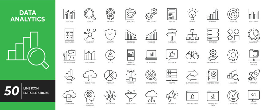 Data analytics icon set. Editable stroke. Vetor illustration