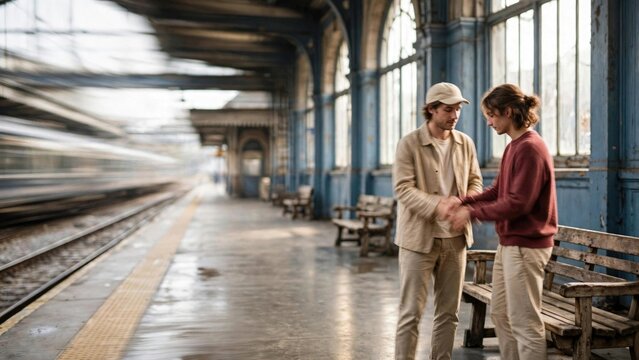 Romantic Couple on Historic Train Station Platform
