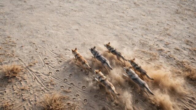 Wild Wolf Pack Running Across Sandy Wilderness