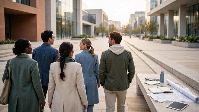 Diverse Team Collaborating on Modern Urban Walkway
