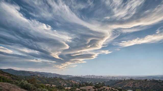 Dramatic Cirrus Clouds Over Rolling Mountain Landscape