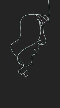 Elegant, minimalist one line drawing animation of a romantic couple in portrait frame - black background