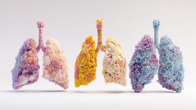 Lung Fibrosis medical 3D illustration, progressive scarring of lung tissue, respiratory disease concept, damaged alveoli, pulmonary fibrosis anatomy visualization, human respiratory system disorder, 