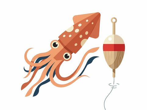 Illustration of a cartoon squid with a fishing float.