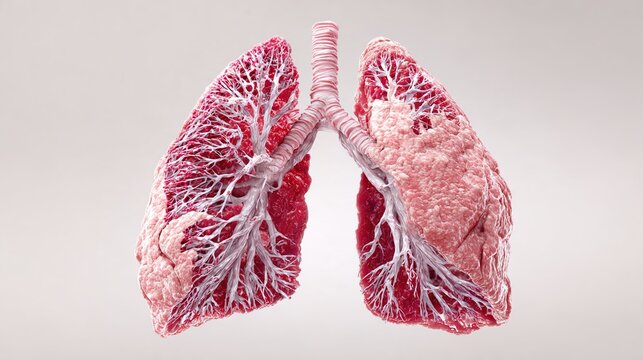 Lung Fibrosis medical 3D illustration, progressive scarring of lung tissue, respiratory disease concept, damaged alveoli, pulmonary fibrosis anatomy visualization, human respiratory system disorder, 