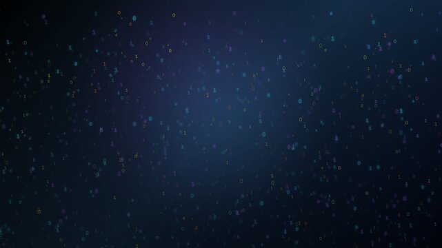 Scattered binary code consisting of zero and one numerals in shades of blue and purple, arranged in a randomized pattern against a dark gradient backdrop.