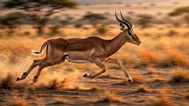 Impala Antelope Running in African Savanna Grassland