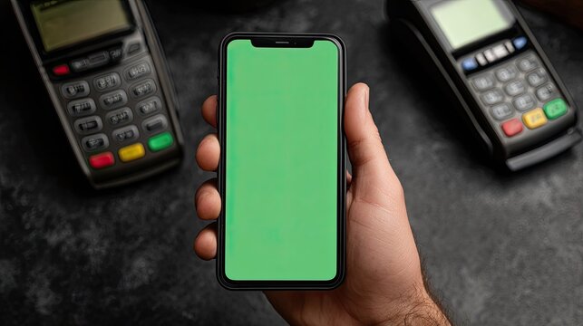 Hand holding smartphone with green screen, surrounded by payment terminals