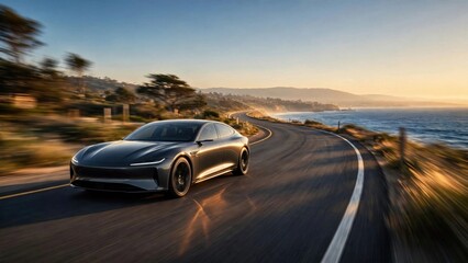 Naklejka premium Luxury Sedan Driving on Scenic Coastal Highway at Sunset