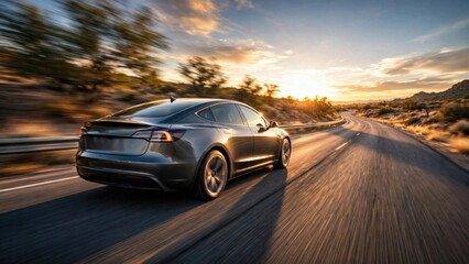 Naklejka premium Luxury Sedan Driving Through Golden Hour Desert Landscape