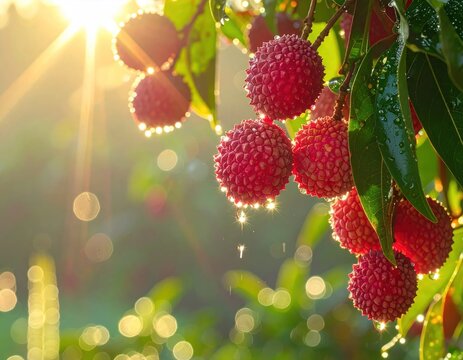 Red lychees with water droplets in morning sun.