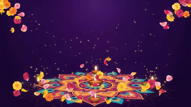 Festive Navratri Background with Rangoli and Burning Diya Lamps