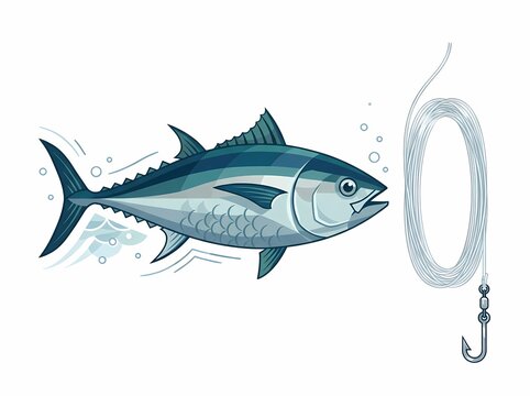 Illustration of a tuna fish swimming near a fishing hook.