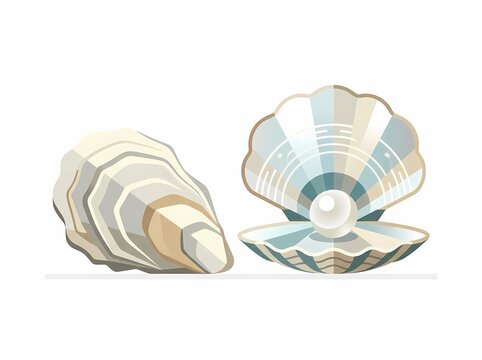 Illustration of two oyster shells with a white pearl inside.