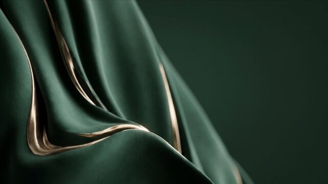 波打つ翡翠色の鉱物粉末ドレープと金銀合金の液体が流れるCG動画