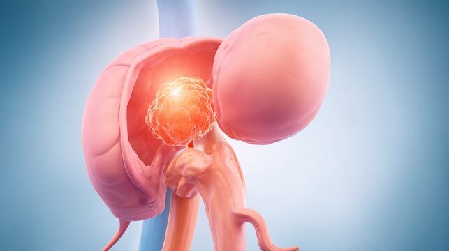 Kidney Cancer medical 3D illustration, malignant tumor growth inside human kidney organ, renal carcinoma anatomical visualization, urinary system disease, oncology healthcare graphic for medical educa