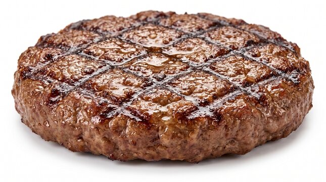 A grilled beef burger patty with char marks against a plain white background.