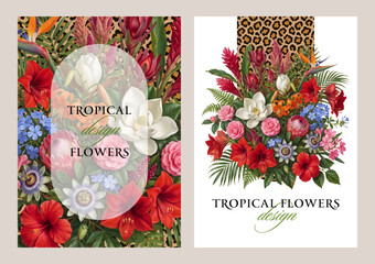 Fototapeta premium Vintage vector illustration with colorful exotic flowers on a changeable background. Floral design template for wedding invitation or greeting card.