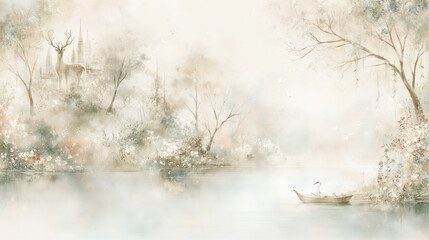 Fototapeta premium White deer beside a misty lake with a small boat and distant castle.