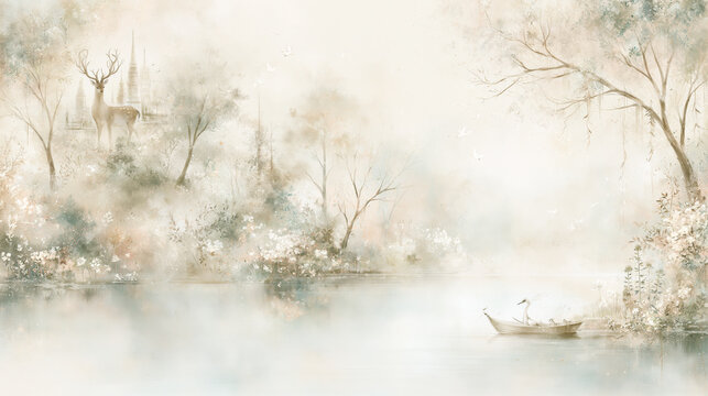 White deer beside a misty lake with a small boat and distant castle.