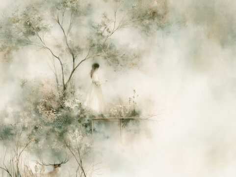Woman in white dress standing beneath a tree in a misty meadow.