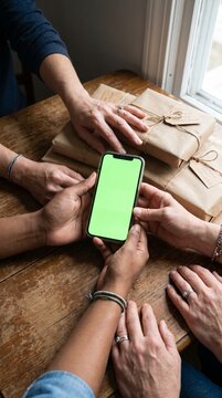 Hands holding smartphone with green screen over wrapped gifts, Black Friday online shopping concept