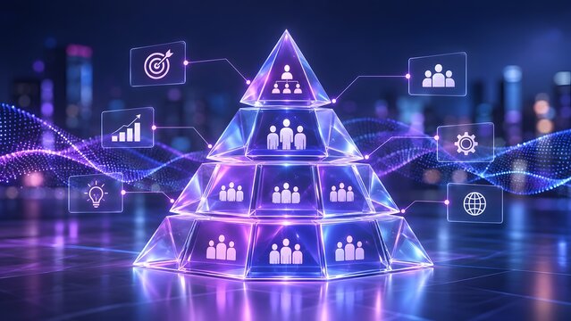 Glowing digital pyramid illustrating corporate hierarchy and organizational structure with interconnected management levels and business strategy icons