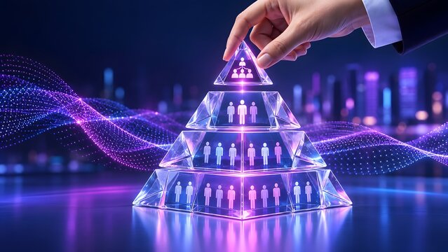 Executive hand placing the top leadership level onto a digital team hierarchy pyramid demonstrating organizational growth and management structuring