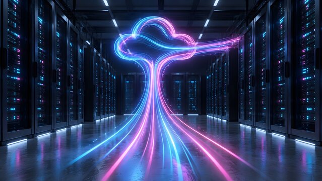 Converging neon light streams forming a glowing digital cloud inside a server room illustrating high speed data migration and storage infrastructure
