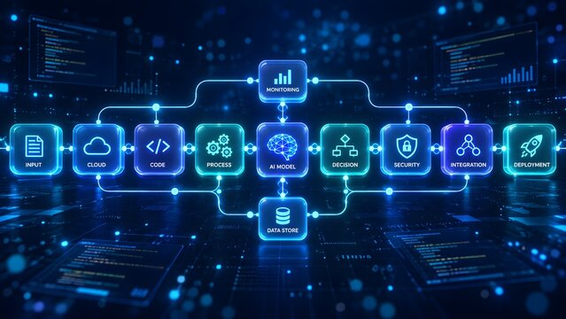 Glowing digital flowchart illustrating machine learning lifecycle with integrated software deployment processes and data monitoring