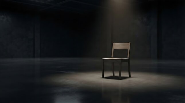 Single wooden chair in dark room spotlight for remembrance day