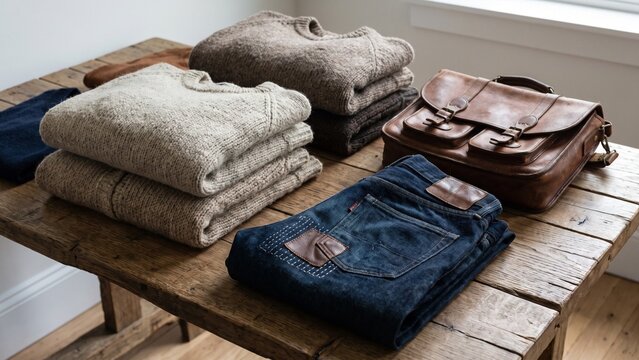Stacked Warm Knit Sweaters Vintage Denim Jeans and Leather Messenger Bag on Rustic Wooden Table