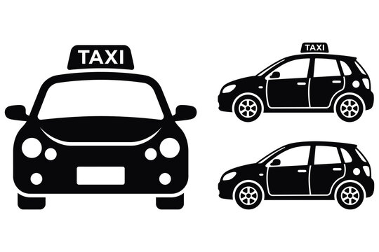 Black silhouette icons of taxi cars showing front and side profile views with taxi cab car silhouette vehicle icon city transport taxi service public transport urban transport ride service