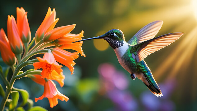 Iridescent Green Hummingbird Hovering Near Bright Garden Blooms