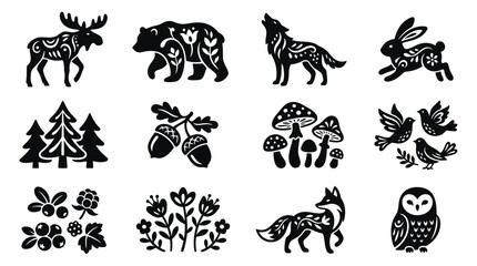 Fototapeta premium Collection of Scandinavian Folk Art Style Forest Animals and Plants.