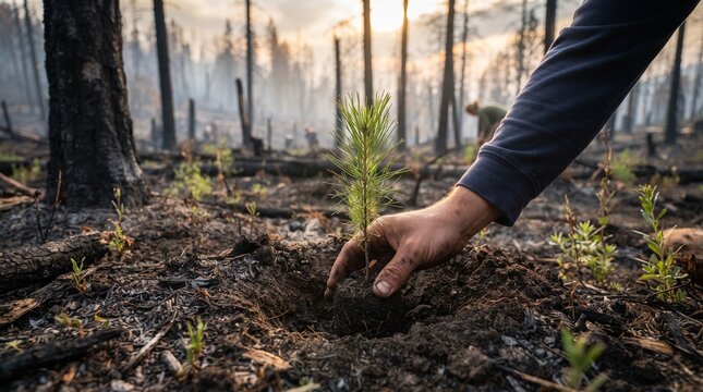 Hand planting a young pine seedling in a forest recovering from a wildfire, symbolizing reforestation and hope.