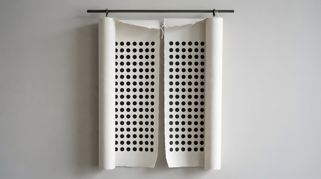 Two vertical white paper scrolls hanging on black metal rod featuring systematic pattern of black circles on textured backgrounds.