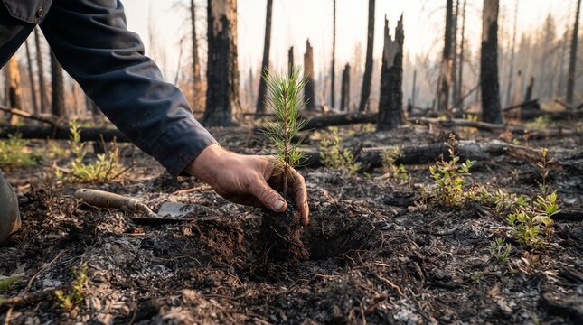 Person planting a young pine sapling in a forest recovering from a wildfire, symbolizing hope and reforestation.
