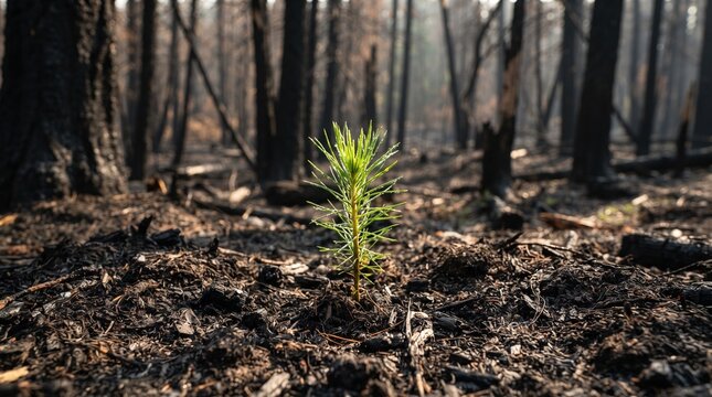 Young pine seedling sprouts from scorched earth in a burnt forest, symbolizing hope and renewal.