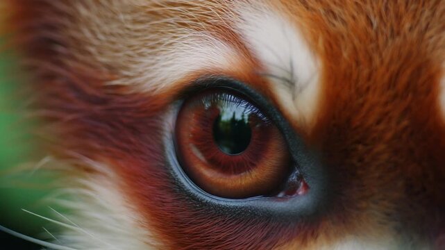 Extreme macro footage of one beautiful red panda eye with a deep burgundy-red iris