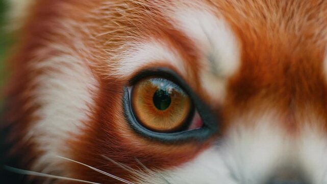 Extreme macro footage of one beautiful red panda eye with a warm coral-colored iris