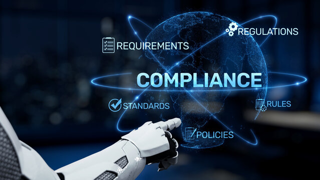A robotic hand points at a digital globe, symbolizing the concept of compliance. This image features essential aspects such as requirements, regulations, and standards. Synapse