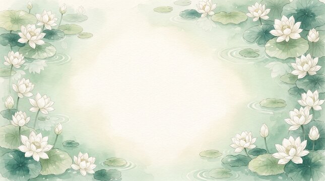 Watercolor illustration of a pond with blooming lotus flowers and lily pads, creating a natural frame with copy space in the center