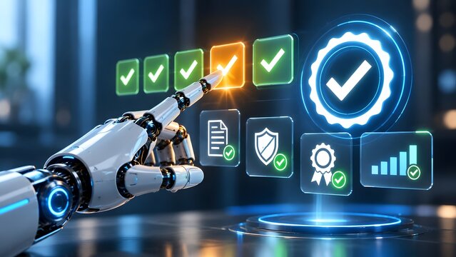 Robotic hand pointing at a digital screen with quality check marks. Concept of automated quality control and software compliance.